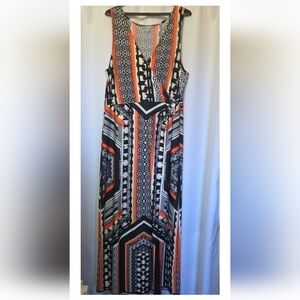 NY Collection Geometric Maxi Dress - Black, White, Orange Size XL